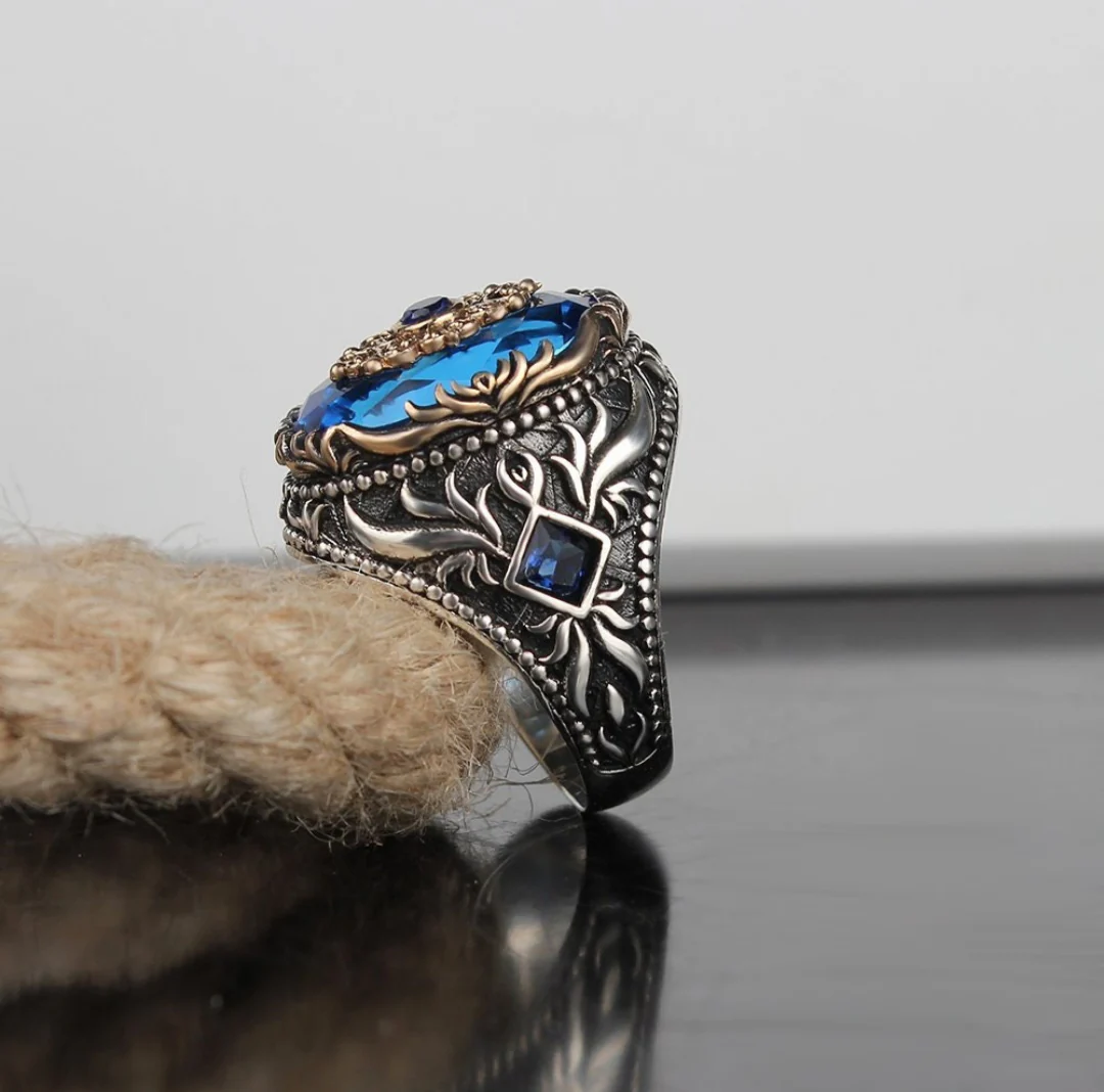 RARE PRINCE by CARAT SUTRA | Unique Designed Turkish Style Ring with Blue Topaz Stone | 925 Sterling Silver Oxidized Ring | Men's Jewelry | With Certificate of Authenticity and 925 Hallmark - Image 2