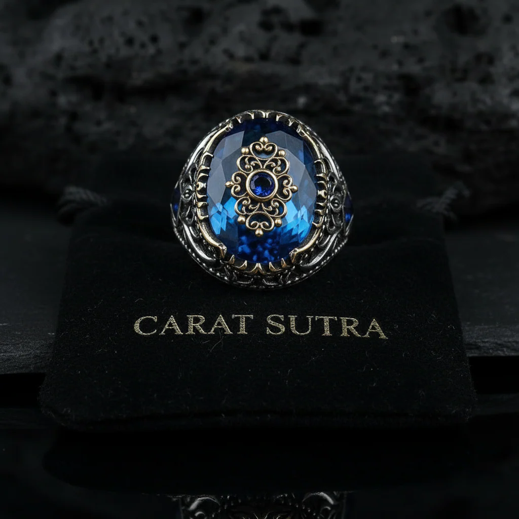 RARE PRINCE by CARAT SUTRA | Unique Designed Turkish Style Ring with Blue Topaz Stone | 925 Sterling Silver Oxidized Ring | Men's Jewelry | With Certificate of Authenticity and 925 Hallmark - Image 3