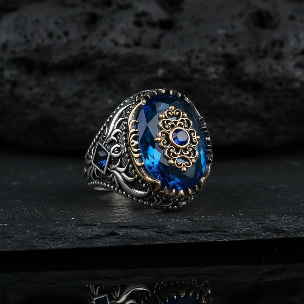 RARE PRINCE by CARAT SUTRA | Unique Designed Turkish Style Ring with Blue Topaz Stone | 925 Sterling Silver Oxidized Ring | Men's Jewelry | With Certificate of Authenticity and 925 Hallmark - Image 4