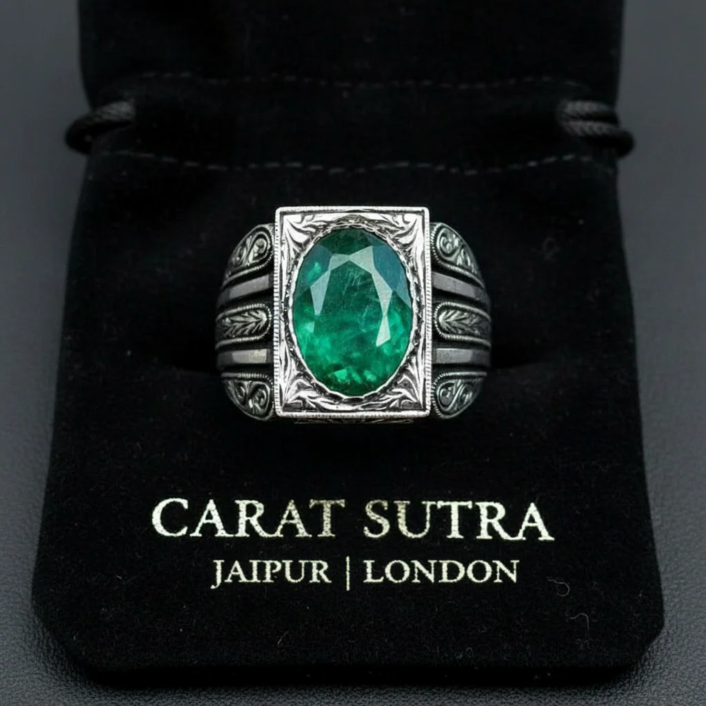 RARE PRINCE by CARAT SUTRA | Unique Designed Turkish Style Ring with Emerald | 925 Sterling Silver Oxidized Ring | Men's Jewelry | With Certificate of Authenticity and 925 Hallmark - Image 2
