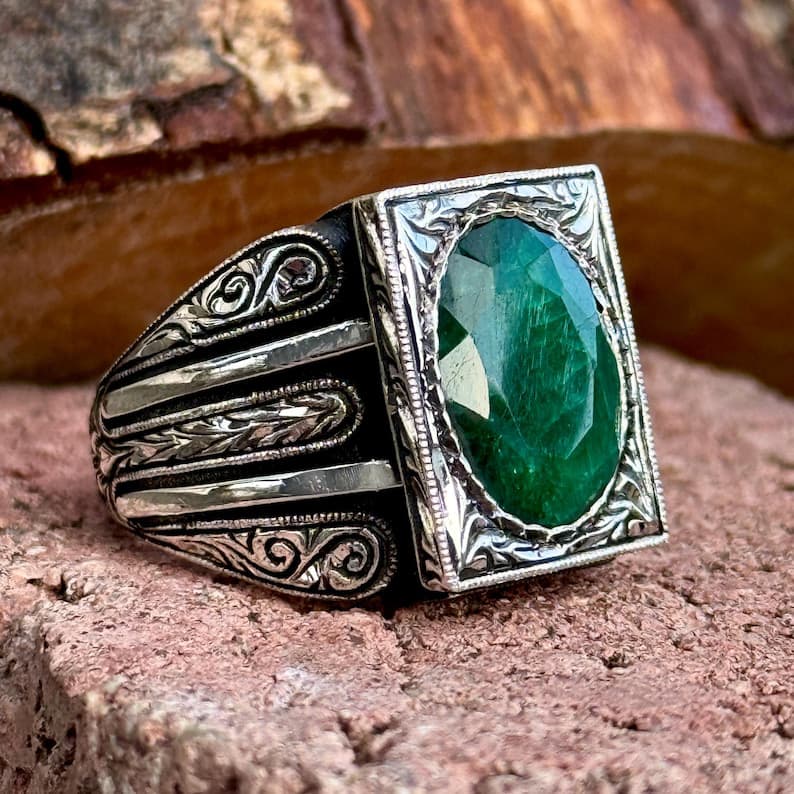 RARE PRINCE by CARAT SUTRA | Unique Designed Turkish Style Ring with Emerald | 925 Sterling Silver Oxidized Ring | Men's Jewelry | With Certificate of Authenticity and 925 Hallmark - Image 3