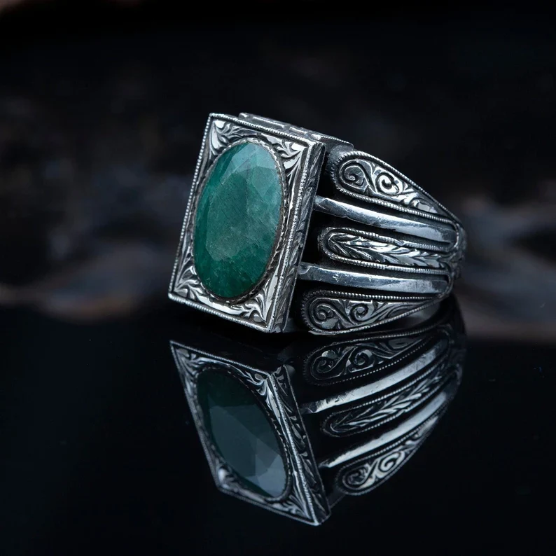 RARE PRINCE by CARAT SUTRA | Unique Designed Turkish Style Ring with Emerald | 925 Sterling Silver Oxidized Ring | Men's Jewelry | With Certificate of Authenticity and 925 Hallmark - Image 4