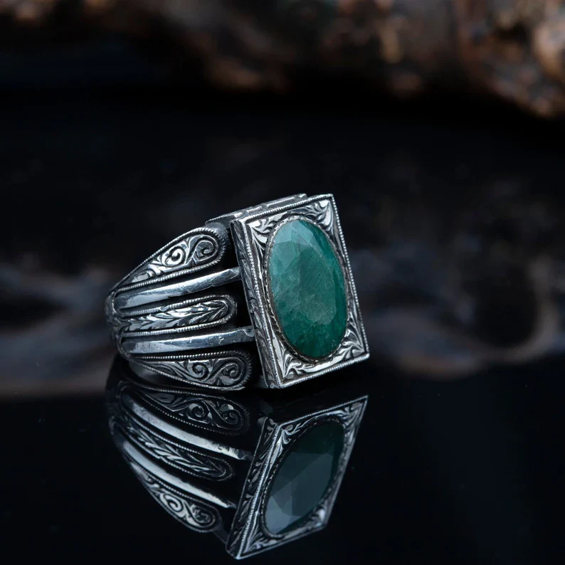 RARE PRINCE by CARAT SUTRA | Unique Designed Turkish Style Ring with Emerald | 925 Sterling Silver Oxidized Ring | Men's Jewelry | With Certificate of Authenticity and 925 Hallmark - Image 5