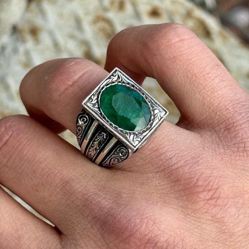 RARE PRINCE by CARAT SUTRA | Unique Designed Turkish Style Ring with Emerald | 925 Sterling Silver Oxidized Ring | Men's Jewelry | With Certificate of Authenticity and 925 Hallmark - Image 6