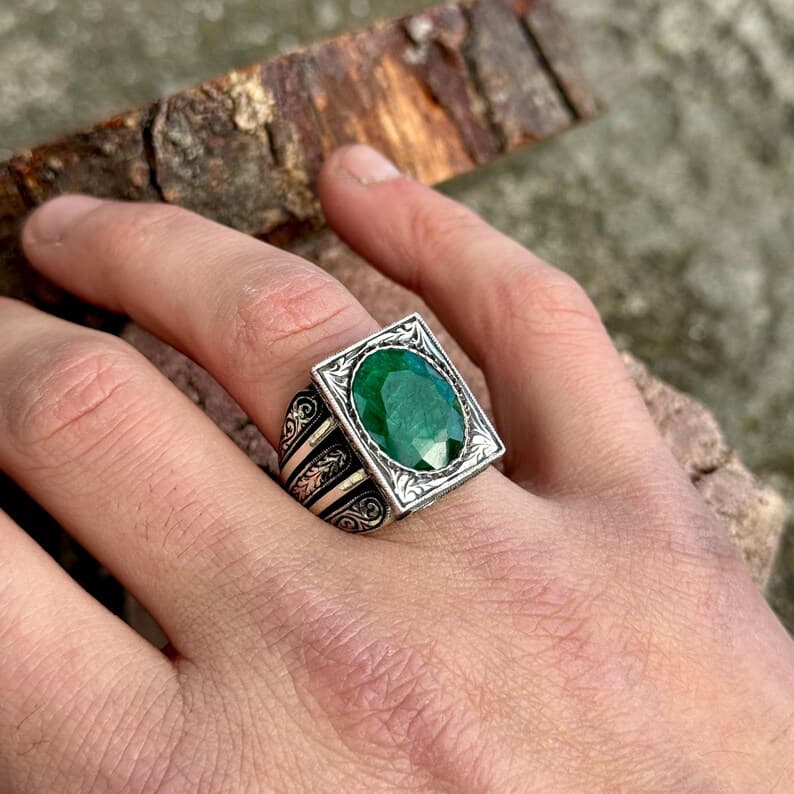RARE PRINCE by CARAT SUTRA | Unique Designed Turkish Style Ring with Emerald | 925 Sterling Silver Oxidized Ring | Men's Jewelry | With Certificate of Authenticity and 925 Hallmark - Image 7
