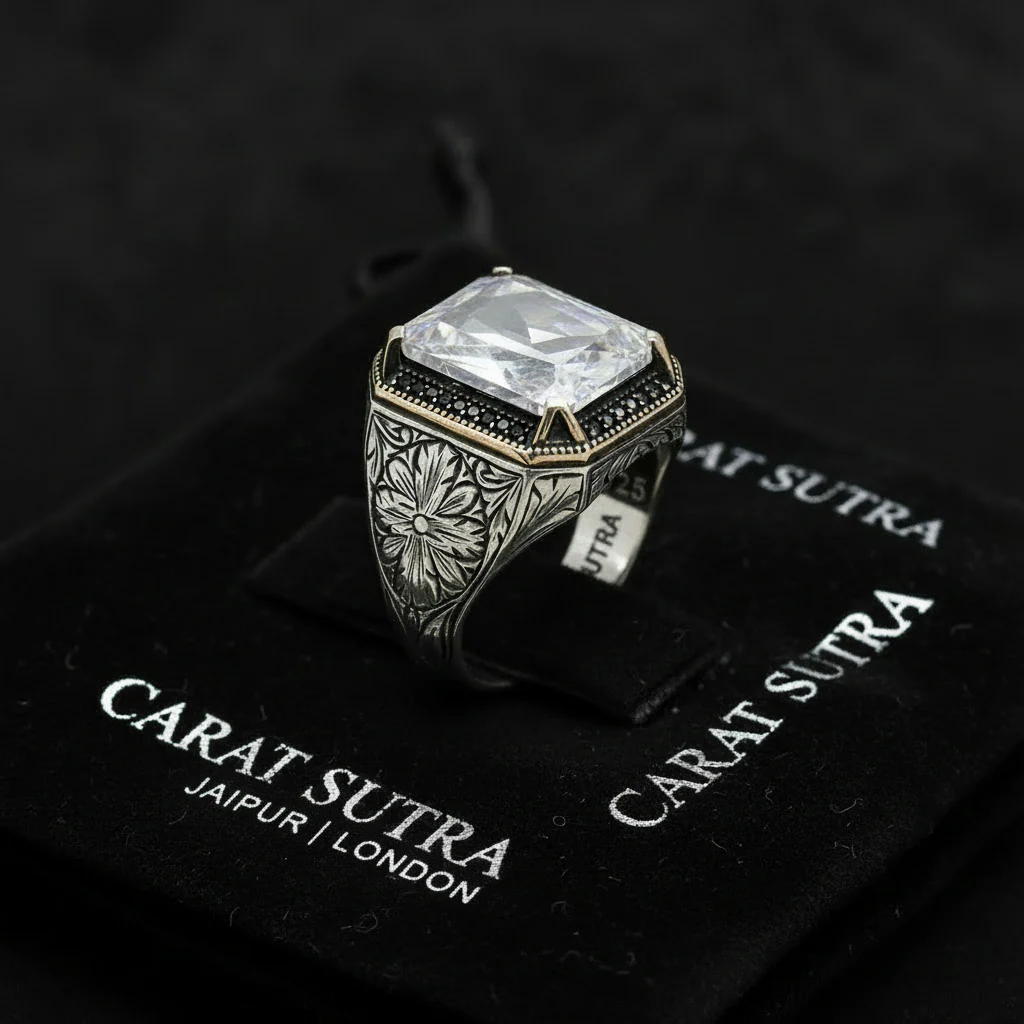 RARE PRINCE by CARAT SUTRA | Unique Designed Turkish Style Ring with White Zirconia | 925 Sterling Silver Oxidized Ring | Men's Jewelry | With Certificate of Authenticity and 925 Hallmark - Image 3