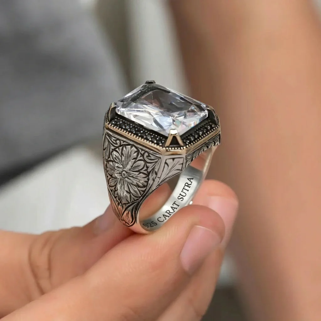 RARE PRINCE by CARAT SUTRA | Unique Designed Turkish Style Ring with White Zirconia | 925 Sterling Silver Oxidized Ring | Men's Jewelry | With Certificate of Authenticity and 925 Hallmark - Image 4