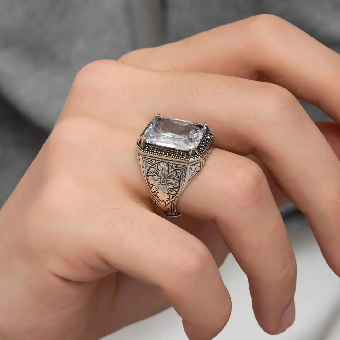 RARE PRINCE by CARAT SUTRA | Unique Designed Turkish Style Ring with White Zirconia | 925 Sterling Silver Oxidized Ring | Men's Jewelry | With Certificate of Authenticity and 925 Hallmark - Image 5
