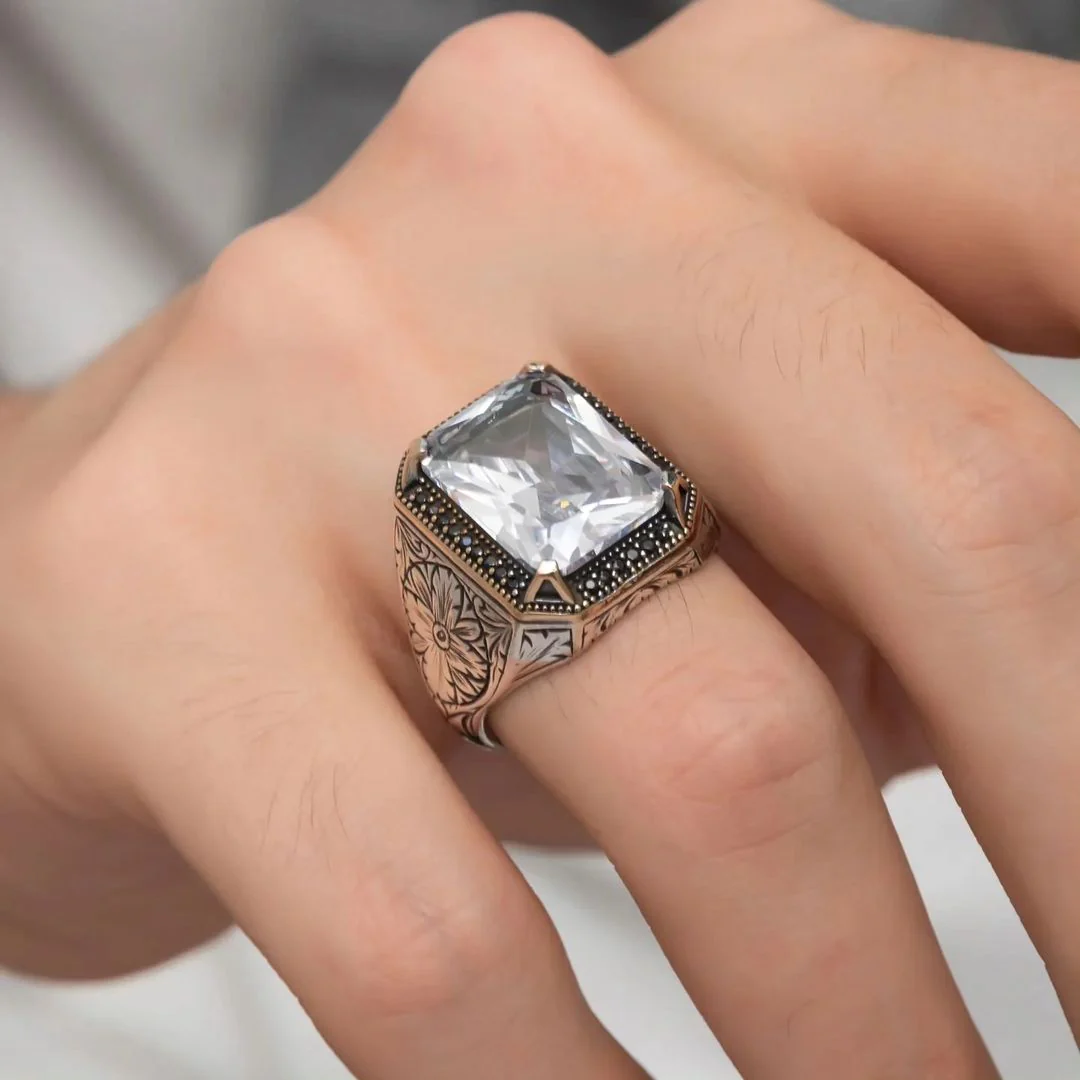 RARE PRINCE by CARAT SUTRA | Unique Designed Turkish Style Ring with White Zirconia | 925 Sterling Silver Oxidized Ring | Men's Jewelry | With Certificate of Authenticity and 925 Hallmark - Image 6