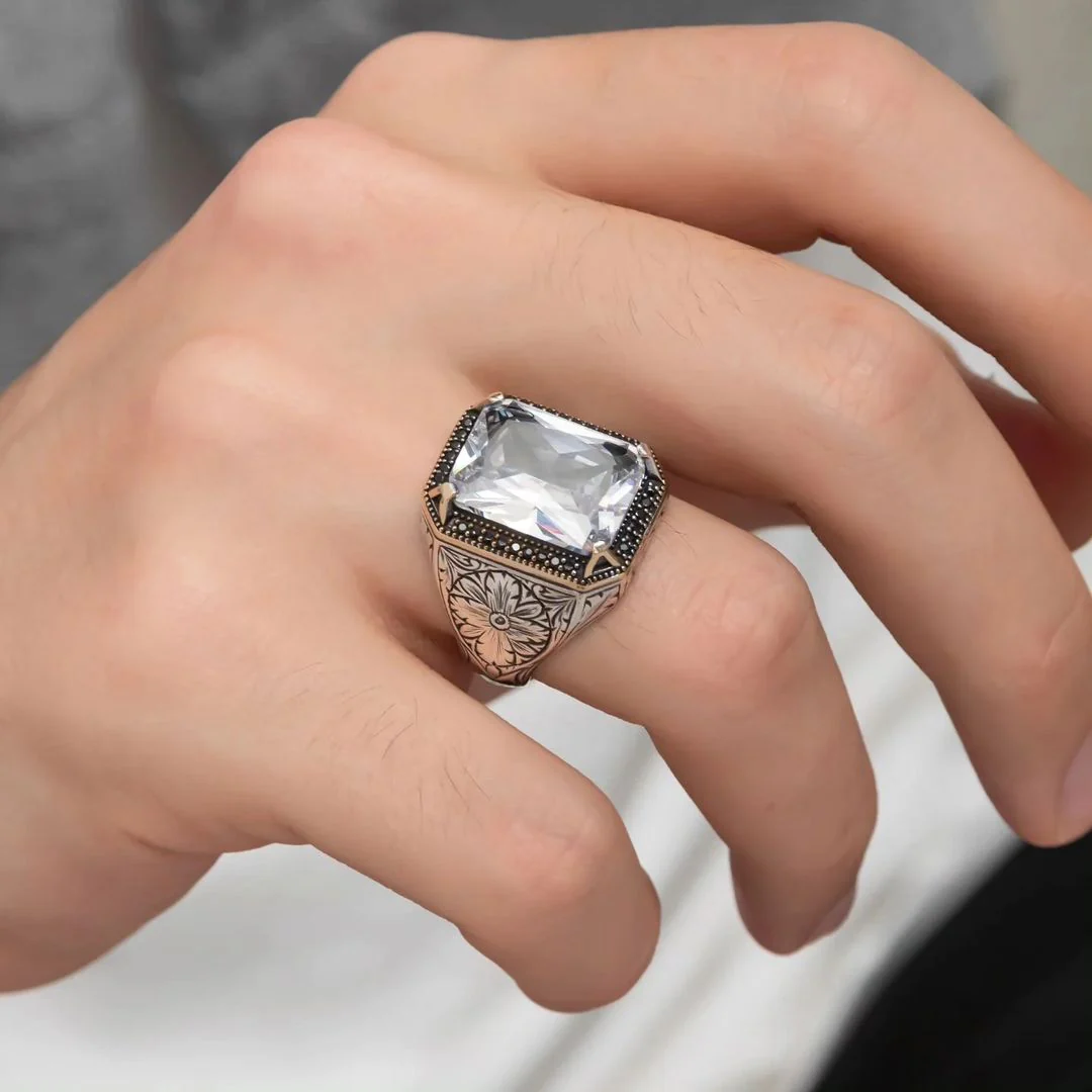 RARE PRINCE by CARAT SUTRA | Unique Designed Turkish Style Ring with White Zirconia | 925 Sterling Silver Oxidized Ring | Men's Jewelry | With Certificate of Authenticity and 925 Hallmark - Image 7