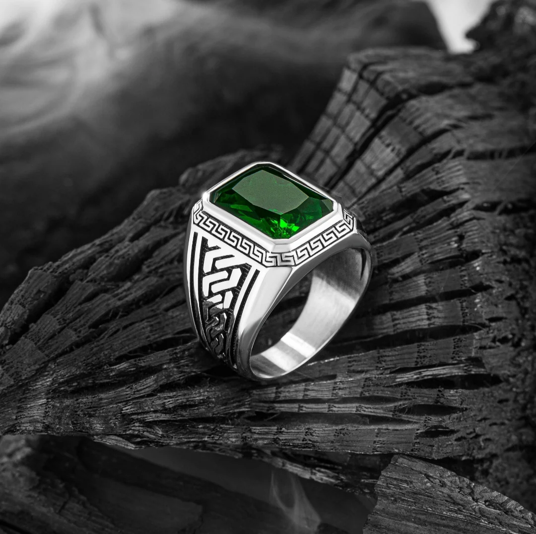 RARE PRINCE by CARAT SUTRA | Unique Versace Designed Turkish Style Ring with Green Zircon , 925 Sterling Silver Oxidized Ring | Men's Jewelry | With Certificate of Authenticity and 925 Hallmark