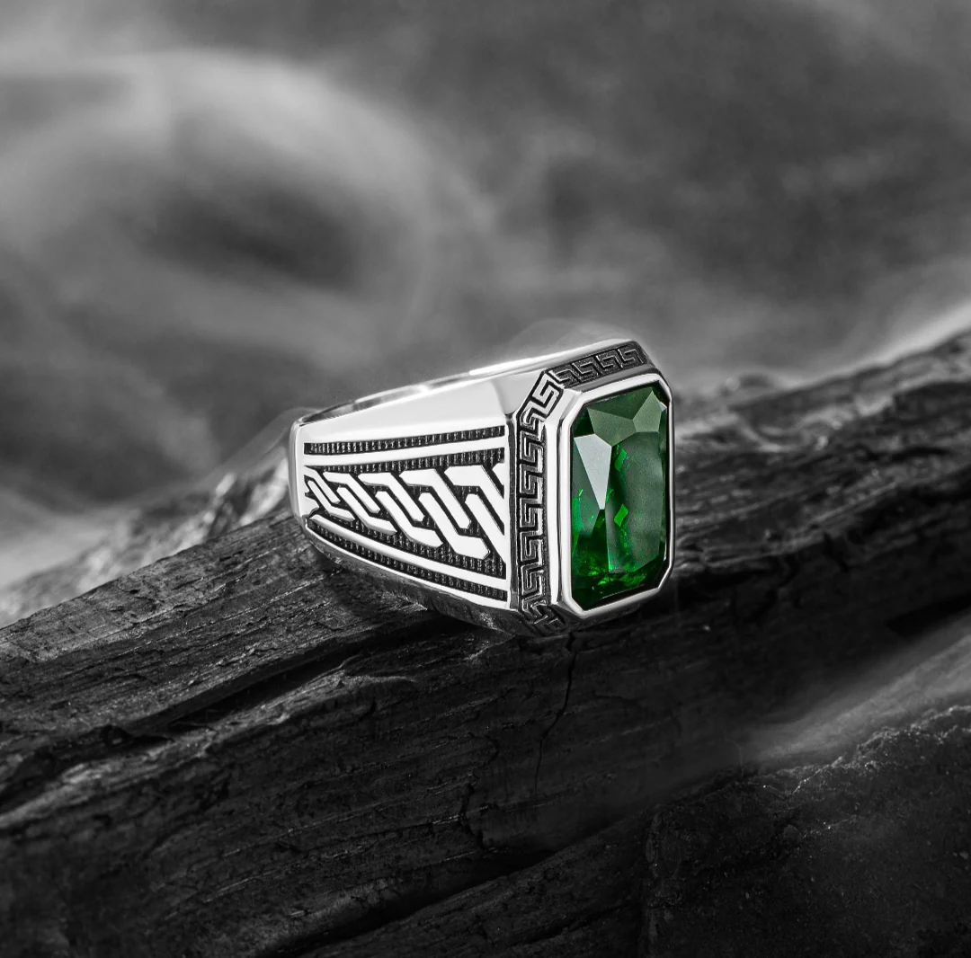 RARE PRINCE by CARAT SUTRA | Unique Versace Designed Turkish Style Ring with Green Zircon , 925 Sterling Silver Oxidized Ring | Men's Jewelry | With Certificate of Authenticity and 925 Hallmark - Image 2