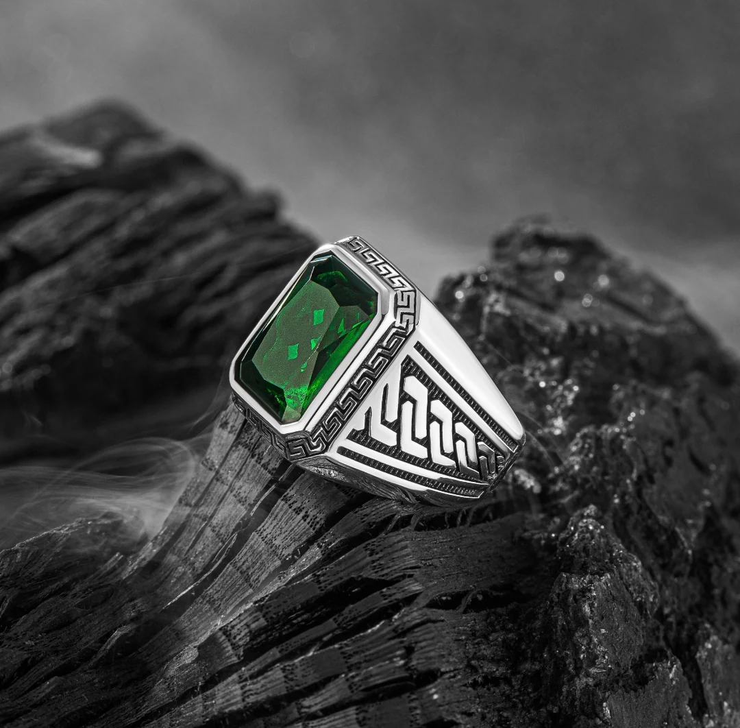 RARE PRINCE by CARAT SUTRA | Unique Versace Designed Turkish Style Ring with Green Zircon , 925 Sterling Silver Oxidized Ring | Men's Jewelry | With Certificate of Authenticity and 925 Hallmark - Image 3