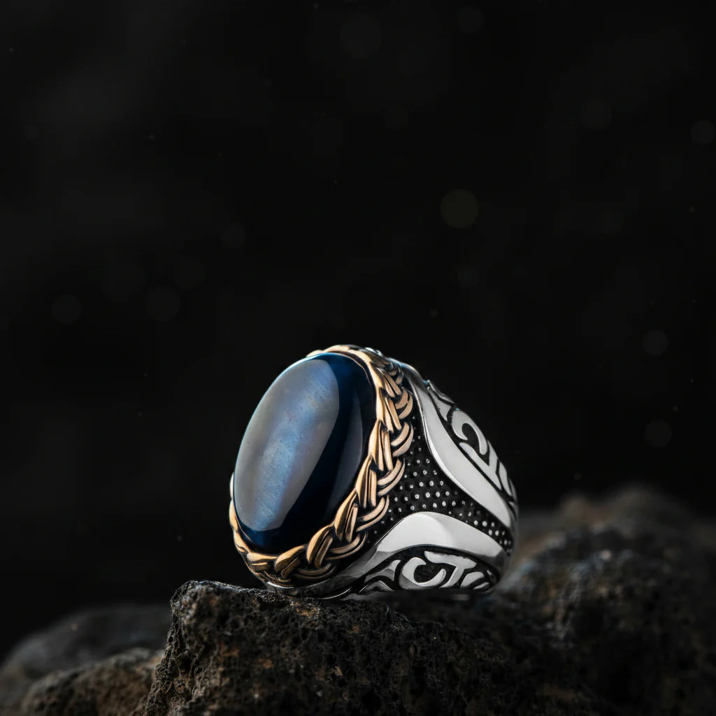 RARE PRINCE by CARAT SUTRA | Unique Designed Turkish Style Ring with Blue Sapphire | 925 Sterling Silver Oxidized Ring | Men's Jewelry | With Certificate of Authenticity and 925 Hallmark