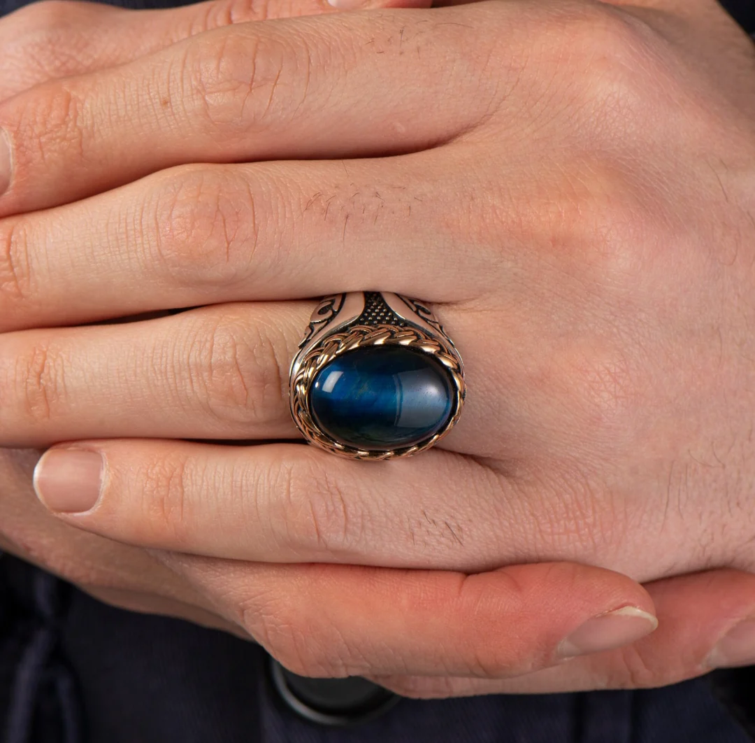 RARE PRINCE by CARAT SUTRA | Unique Designed Turkish Style Ring with Blue Sapphire | 925 Sterling Silver Oxidized Ring | Men's Jewelry | With Certificate of Authenticity and 925 Hallmark - Image 2