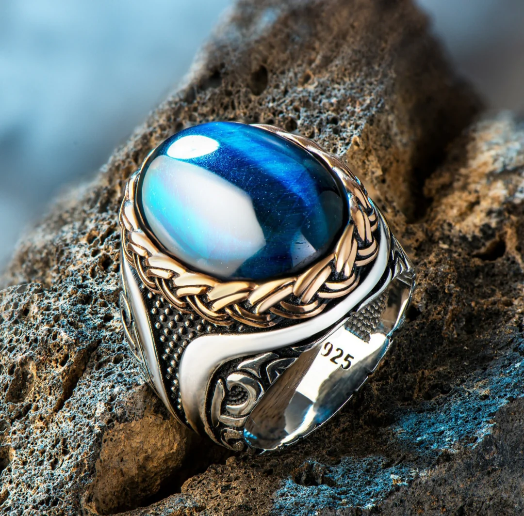 RARE PRINCE by CARAT SUTRA | Unique Designed Turkish Style Ring with Blue Sapphire | 925 Sterling Silver Oxidized Ring | Men's Jewelry | With Certificate of Authenticity and 925 Hallmark - Image 3