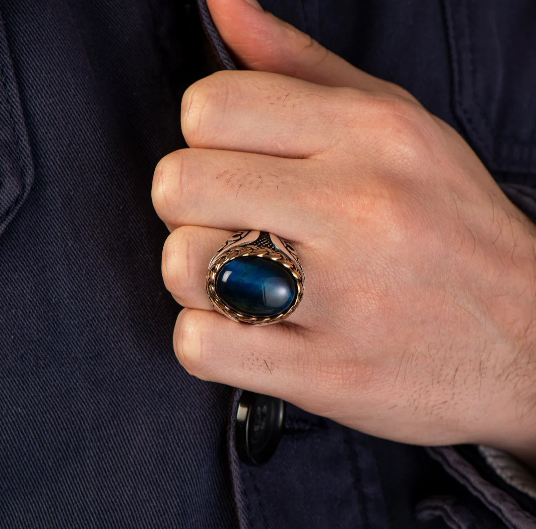 RARE PRINCE by CARAT SUTRA | Unique Designed Turkish Style Ring with Blue Sapphire | 925 Sterling Silver Oxidized Ring | Men's Jewelry | With Certificate of Authenticity and 925 Hallmark - Image 4