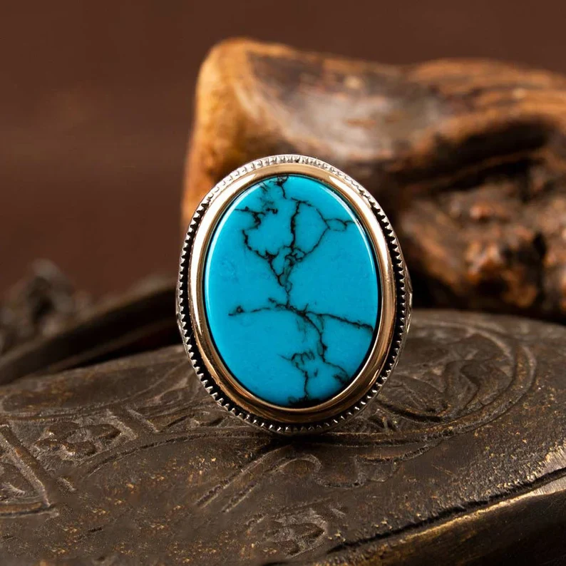 RARE PRINCE by CARAT SUTRA | Unique Designed Turkish Style Ring with Natural Irani Turquoise (Firoza)| 925 Sterling Silver Oxidized Ring | Men's Jewelry | With Certificate of Authenticity and 925 Hallmark - Image 2