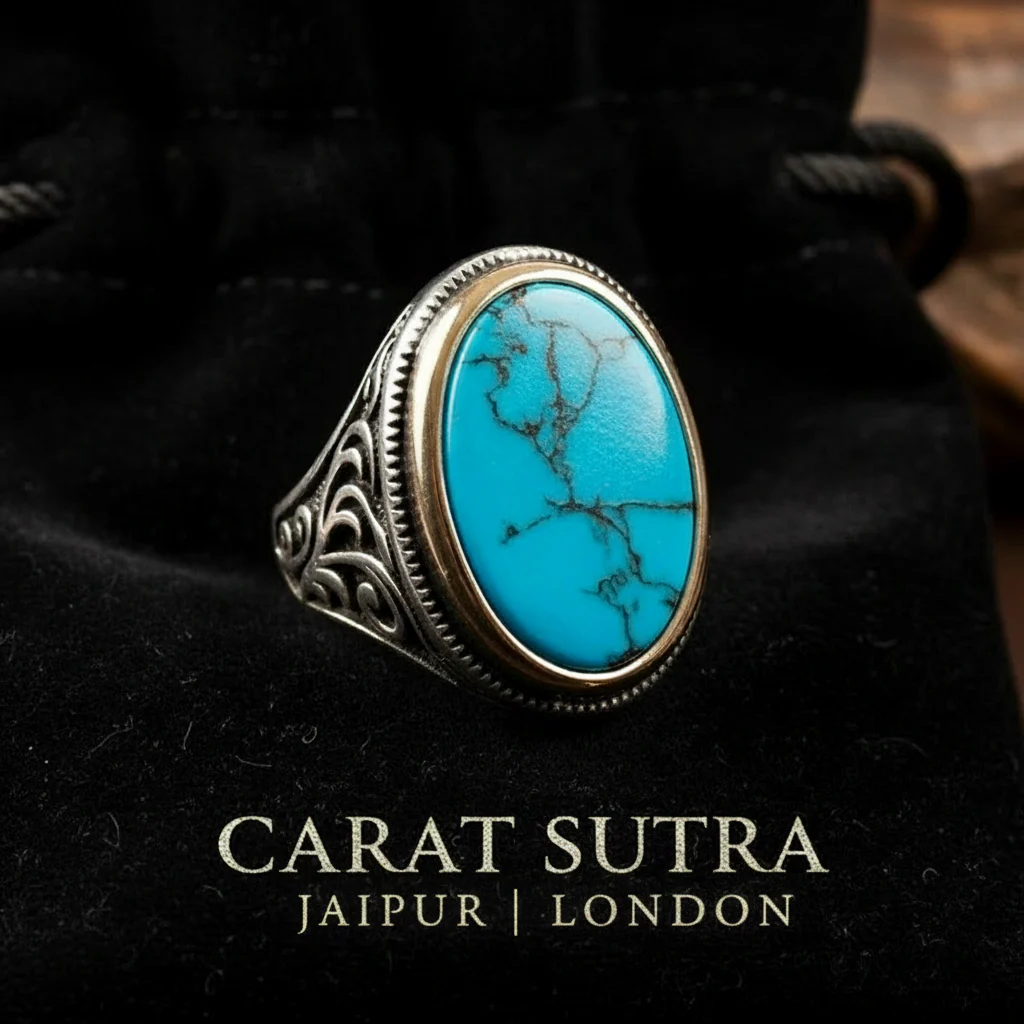 RARE PRINCE by CARAT SUTRA | Unique Designed Turkish Style Ring with Natural Irani Turquoise (Firoza)| 925 Sterling Silver Oxidized Ring | Men's Jewelry | With Certificate of Authenticity and 925 Hallmark - Image 3