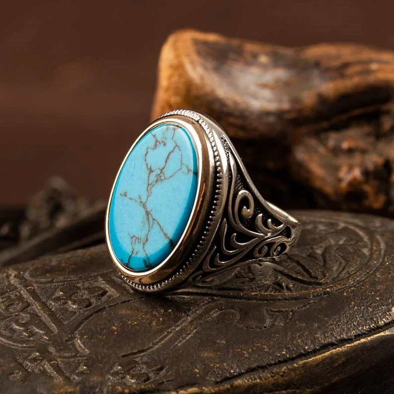RARE PRINCE by CARAT SUTRA | Unique Designed Turkish Style Ring with Natural Irani Turquoise (Firoza)| 925 Sterling Silver Oxidized Ring | Men's Jewelry | With Certificate of Authenticity and 925 Hallmark - Image 4