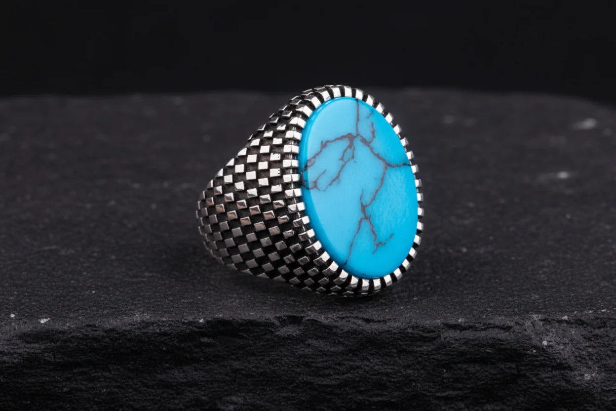 RARE PRINCE by CARAT SUTRA | Unique Designed Turkish Style Ring with Natural Irani Turquoise (Firoza) | 925 Sterling Silver Oxidized Ring | Men's Jewelry | With Certificate of Authenticity and 925 Hallmark