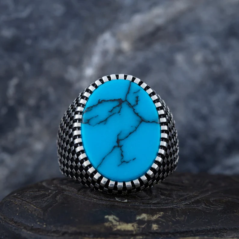 RARE PRINCE by CARAT SUTRA | Unique Designed Turkish Style Ring with Natural Irani Turquoise (Firoza) | 925 Sterling Silver Oxidized Ring | Men's Jewelry | With Certificate of Authenticity and 925 Hallmark - Image 2