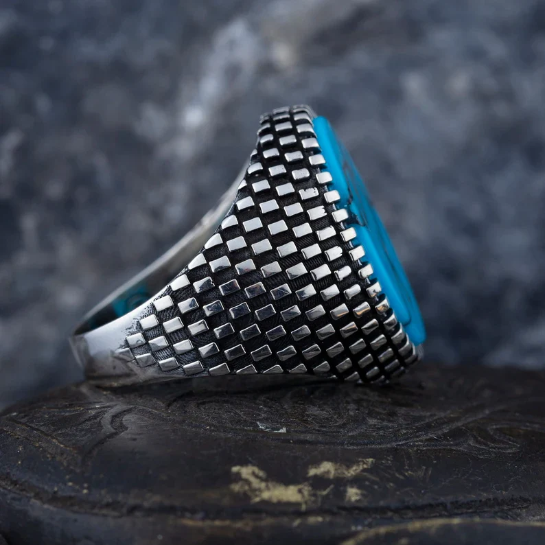 RARE PRINCE by CARAT SUTRA | Unique Designed Turkish Style Ring with Natural Irani Turquoise (Firoza) | 925 Sterling Silver Oxidized Ring | Men's Jewelry | With Certificate of Authenticity and 925 Hallmark - Image 3