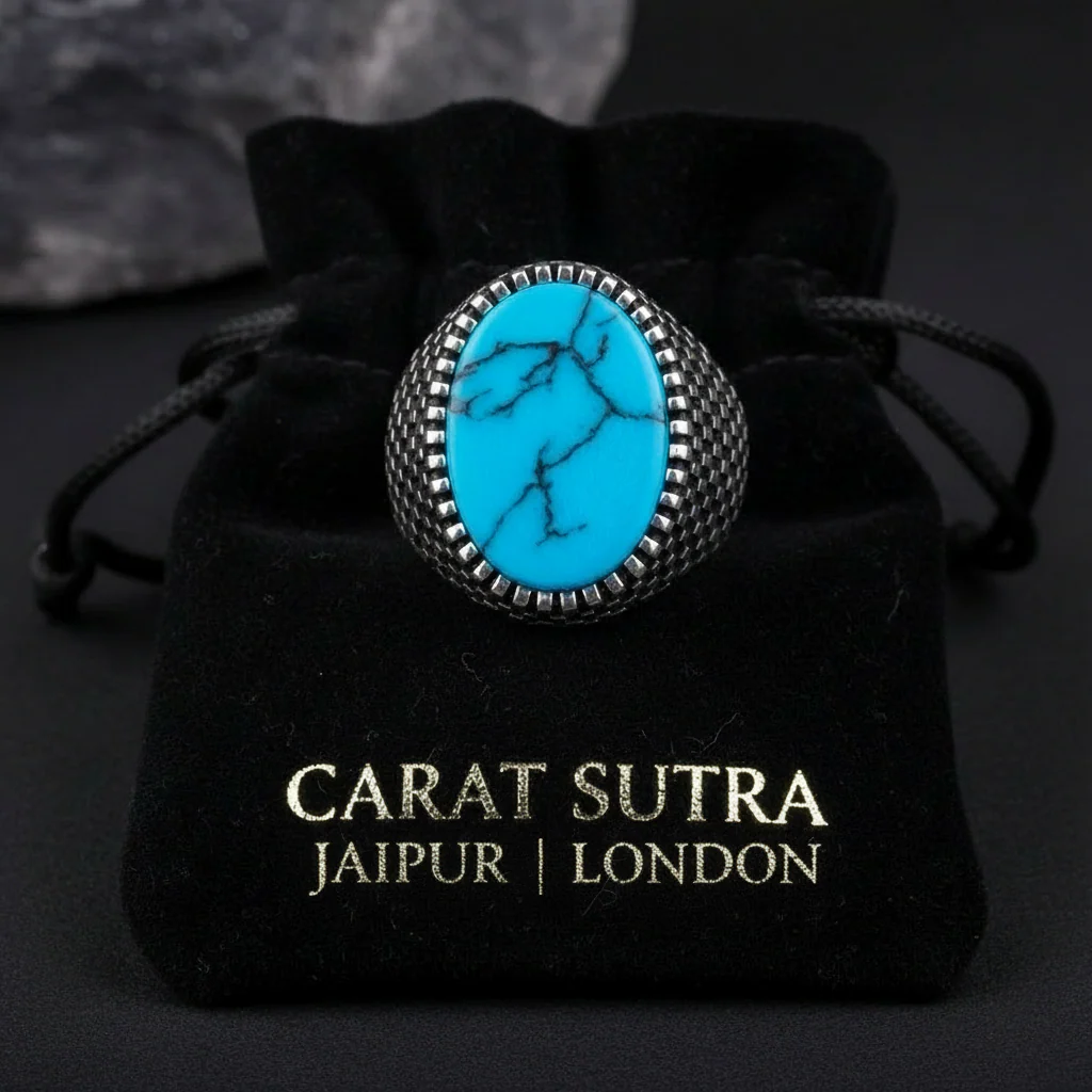 RARE PRINCE by CARAT SUTRA | Unique Designed Turkish Style Ring with Natural Irani Turquoise (Firoza) | 925 Sterling Silver Oxidized Ring | Men's Jewelry | With Certificate of Authenticity and 925 Hallmark - Image 4