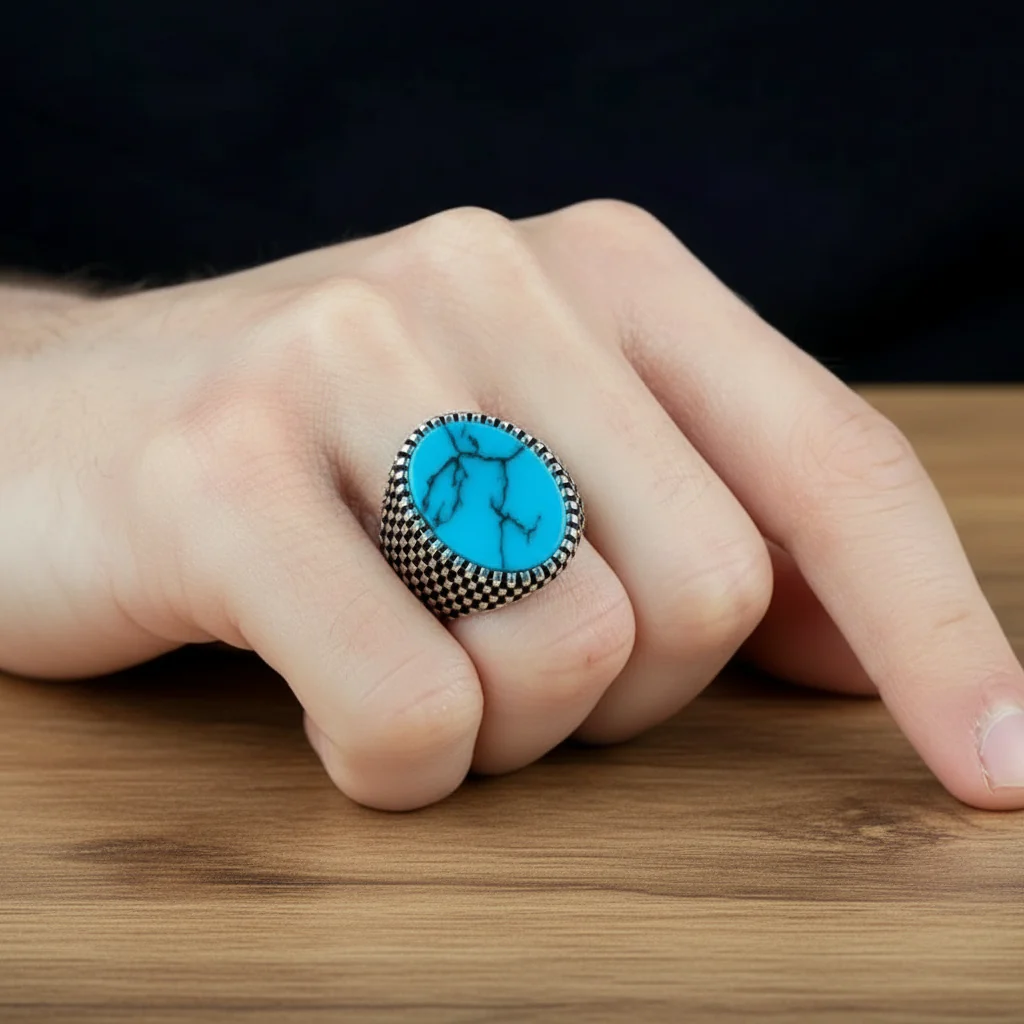 RARE PRINCE by CARAT SUTRA | Unique Designed Turkish Style Ring with Natural Irani Turquoise (Firoza) | 925 Sterling Silver Oxidized Ring | Men's Jewelry | With Certificate of Authenticity and 925 Hallmark - Image 5
