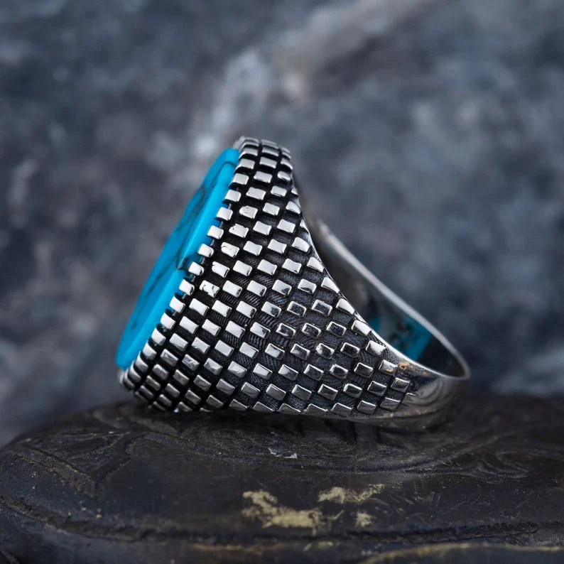 RARE PRINCE by CARAT SUTRA | Unique Designed Turkish Style Ring with Natural Irani Turquoise (Firoza) | 925 Sterling Silver Oxidized Ring | Men's Jewelry | With Certificate of Authenticity and 925 Hallmark - Image 6