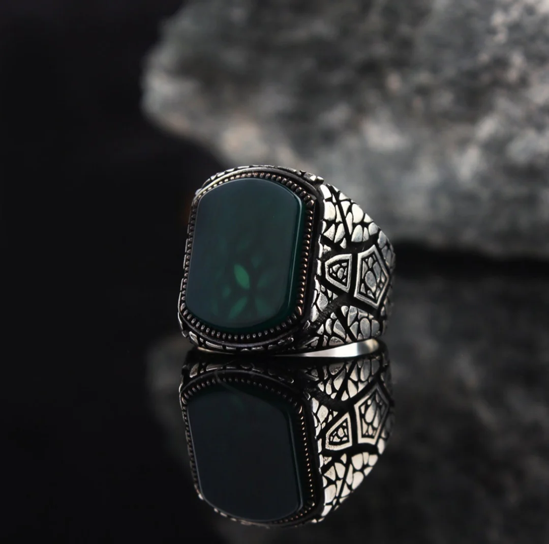 RARE PRINCE by CARAT SUTRA | Unique Designed Turkish Style Ring with Natural Green Onyx | 925 Sterling Silver Oxidized Ring | Men's Jewelry | With Certificate of Authenticity and 925 Hallmark - Image 3