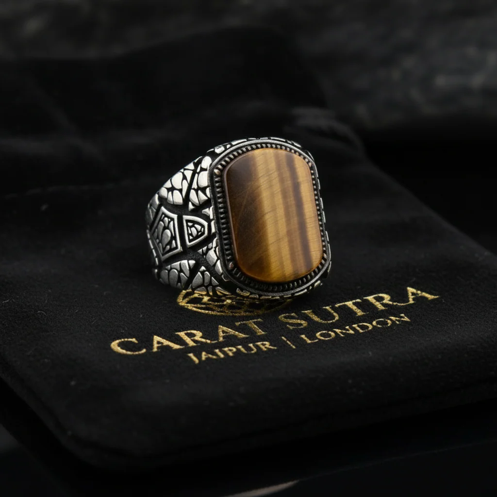 RARE PRINCE by CARAT SUTRA | Unique Designed Turkish Style Ring with Natural Tiger Eye | 925 Sterling Silver Oxidized Ring | Men's Jewelry | With Certificate of Authenticity and 925 Hallmark - Image 3