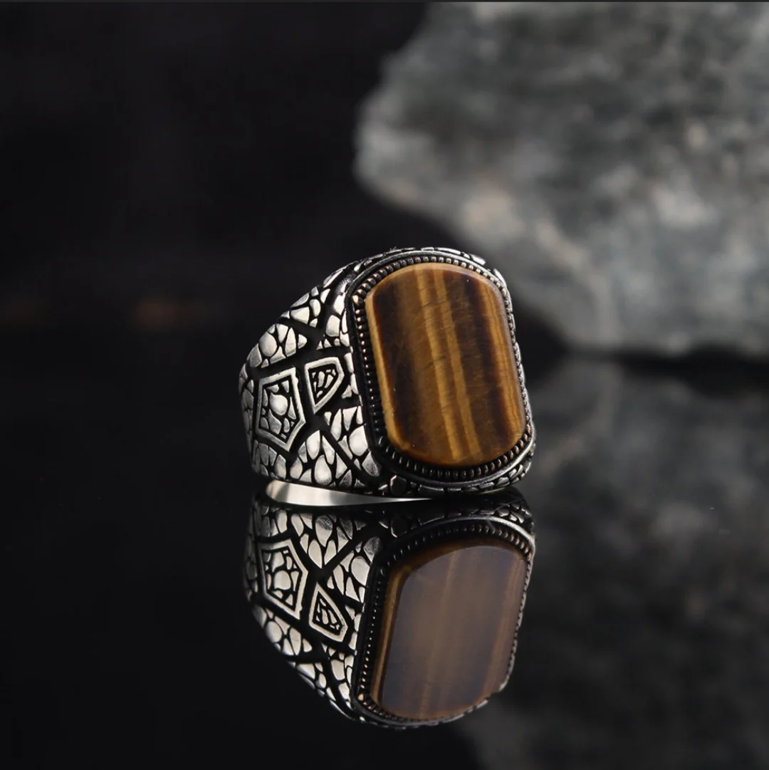 RARE PRINCE by CARAT SUTRA | Unique Designed Turkish Style Ring with Natural Tiger Eye | 925 Sterling Silver Oxidized Ring | Men's Jewelry | With Certificate of Authenticity and 925 Hallmark - Image 4