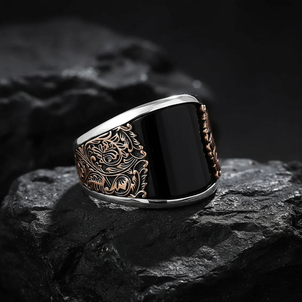 RARE PRINCE by CARAT SUTRA | Unique Designed Turkish Style Curved Ring with Natural Black Onyx | 925 Sterling Silver Gold Plated Ring | Men's Jewelry | With Certificate of Authenticity and 925 Hallmark