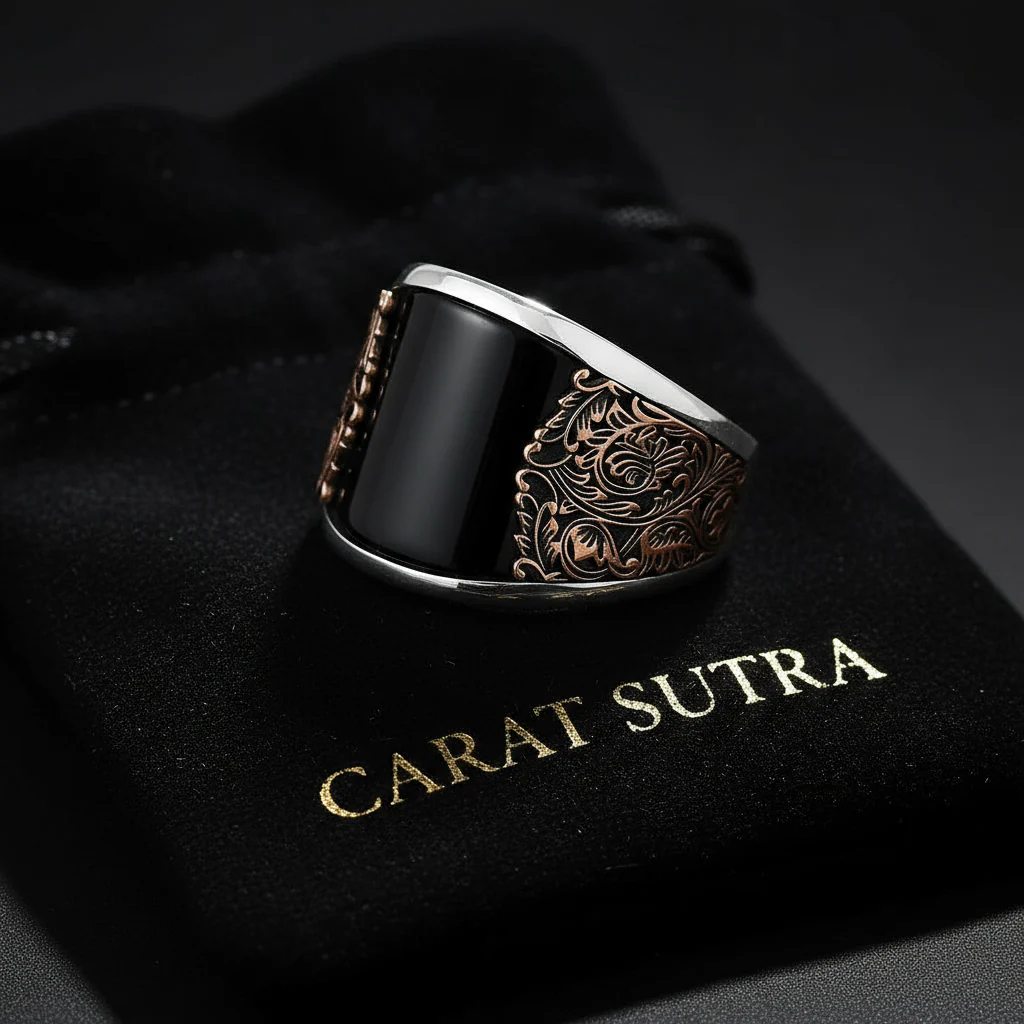 RARE PRINCE by CARAT SUTRA | Unique Designed Turkish Style Curved Ring with Natural Black Onyx | 925 Sterling Silver Gold Plated Ring | Men's Jewelry | With Certificate of Authenticity and 925 Hallmark - Image 2