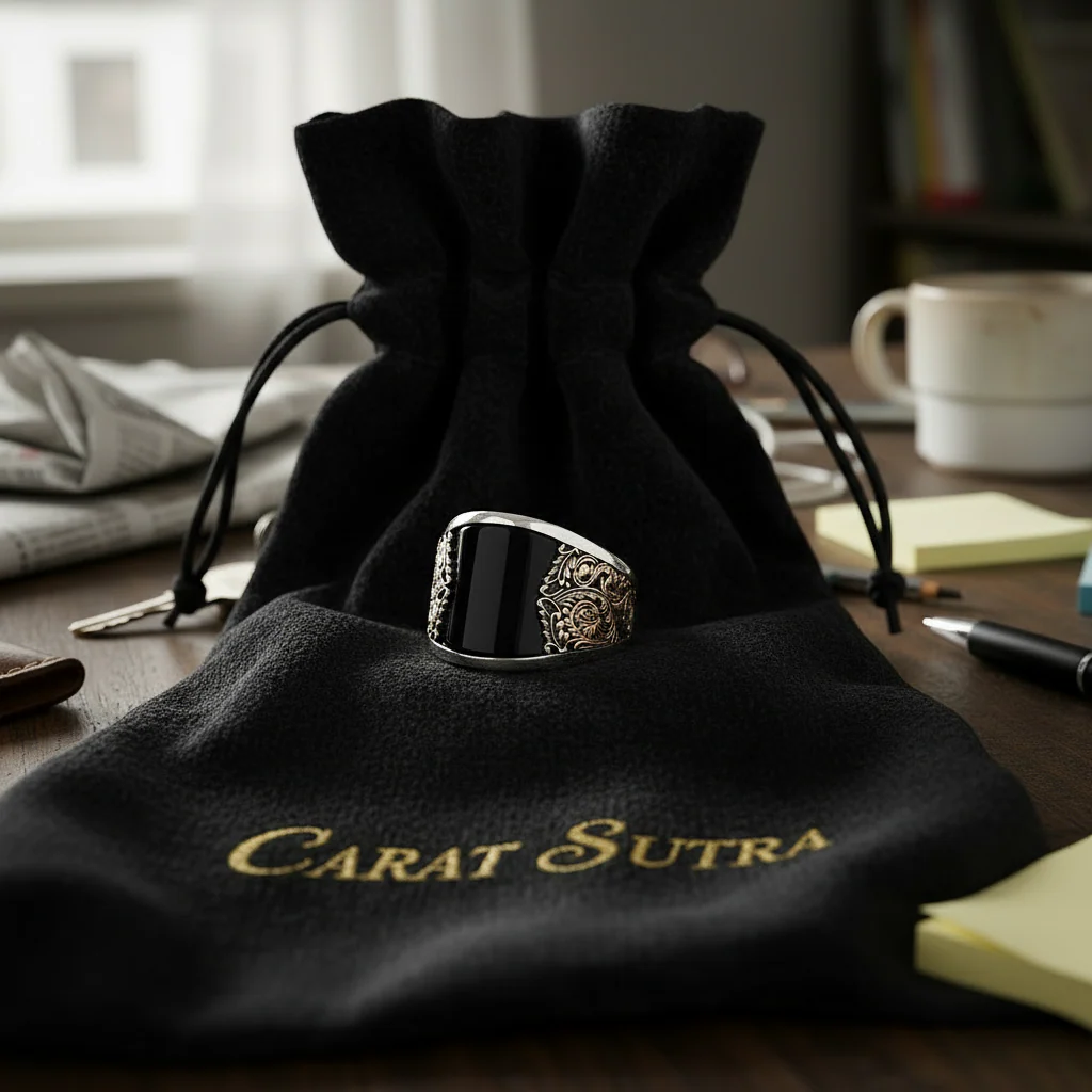 RARE PRINCE by CARAT SUTRA | Unique Designed Turkish Style Curved Ring with Natural Black Onyx | 925 Sterling Silver Gold Plated Ring | Men's Jewelry | With Certificate of Authenticity and 925 Hallmark - Image 4