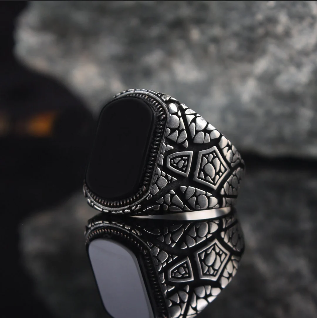 RARE PRINCE by CARAT SUTRA | Unique Designed Turkish Style Ring with Natural Black Onyx | 925 Sterling Silver Oxidized Ring | Men's Jewelry | With Certificate of Authenticity and 925 Hallmark - Image 4