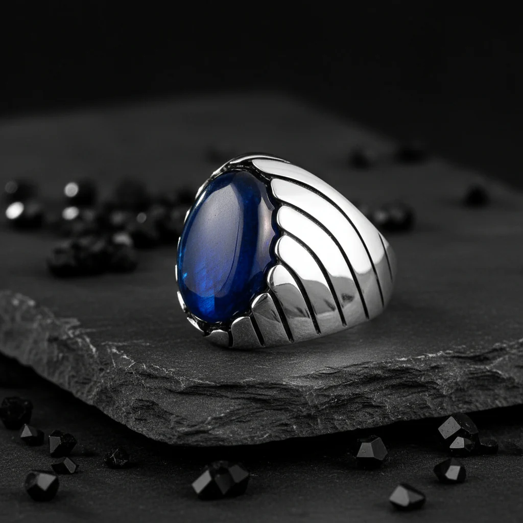 Unique Designed Turkish Style Ring with Blue Sapphire (Neelam), 925 Sterling Silver Oxidized Ring | Men's Jewelry | With Certificate of Authenticity and 925 Hallmark