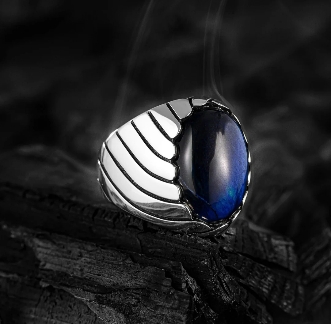 Unique Designed Turkish Style Ring with Blue Sapphire (Neelam), 925 Sterling Silver Oxidized Ring | Men's Jewelry | With Certificate of Authenticity and 925 Hallmark - Image 2