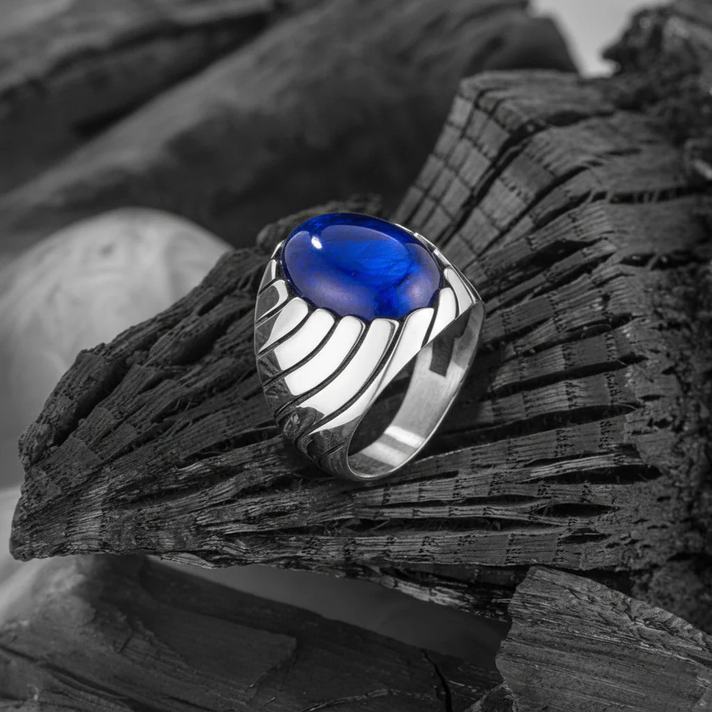 Unique Designed Turkish Style Ring with Blue Sapphire (Neelam), 925 Sterling Silver Oxidized Ring | Men's Jewelry | With Certificate of Authenticity and 925 Hallmark - Image 4