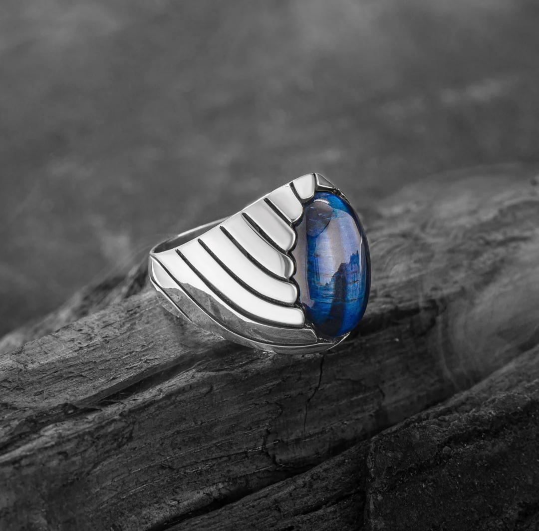 Unique Designed Turkish Style Ring with Blue Sapphire (Neelam), 925 Sterling Silver Oxidized Ring | Men's Jewelry | With Certificate of Authenticity and 925 Hallmark - Image 5