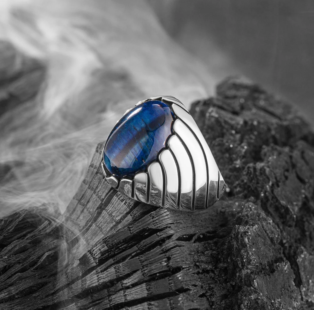 Unique Designed Turkish Style Ring with Blue Sapphire (Neelam), 925 Sterling Silver Oxidized Ring | Men's Jewelry | With Certificate of Authenticity and 925 Hallmark - Image 6