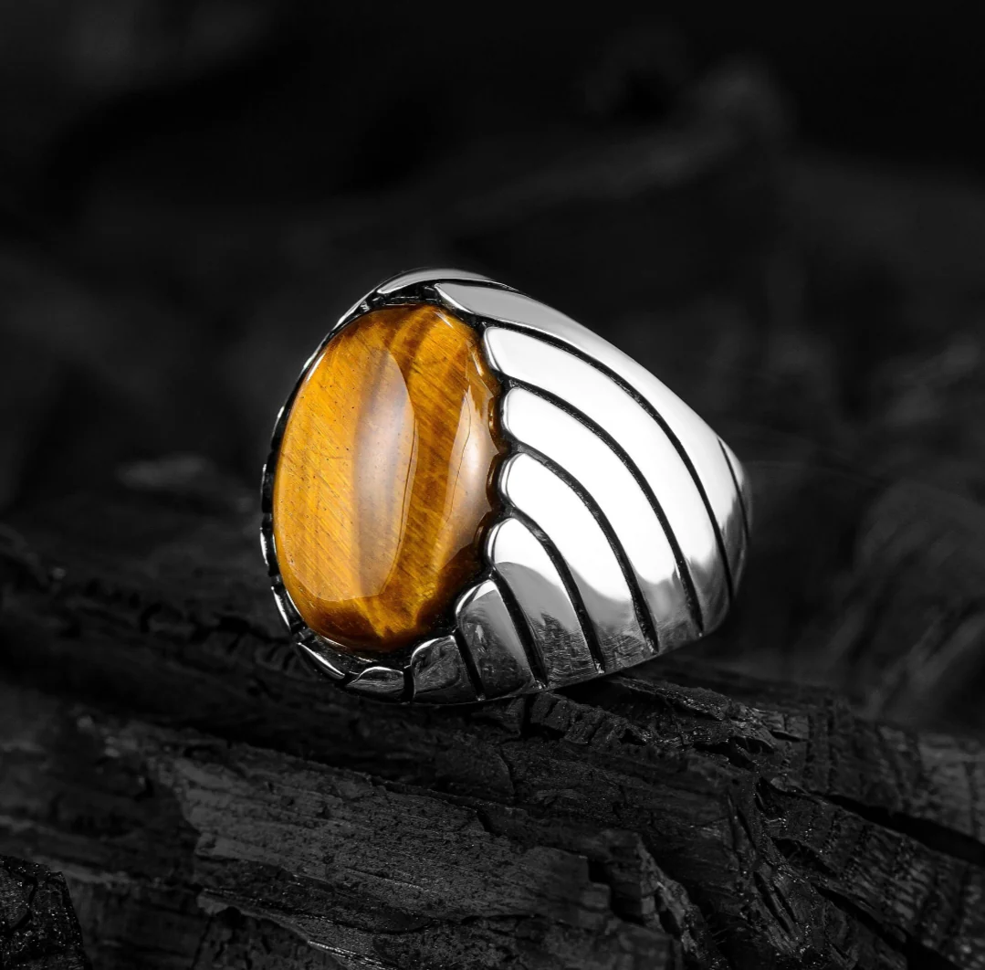 RARE PRINCE by CARAT SUTRA | Unique Designed Turkish Style Ring with Natural Tiger Eye | 925 Sterling Silver Oxidized Ring | Men's Jewelry | With Certificate of Authenticity and 925 Hallmark