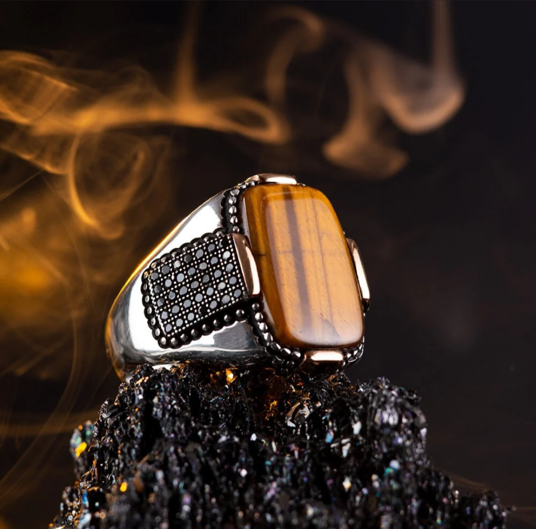 RARE PRINCE by CARAT SUTRA | Unique Designed Turkish Style Ring with Natural Tiger Eye | 925 Sterling Silver Oxidized Ring | Men's Jewelry | With Certificate of Authenticity and 925 Hallmark - Image 4