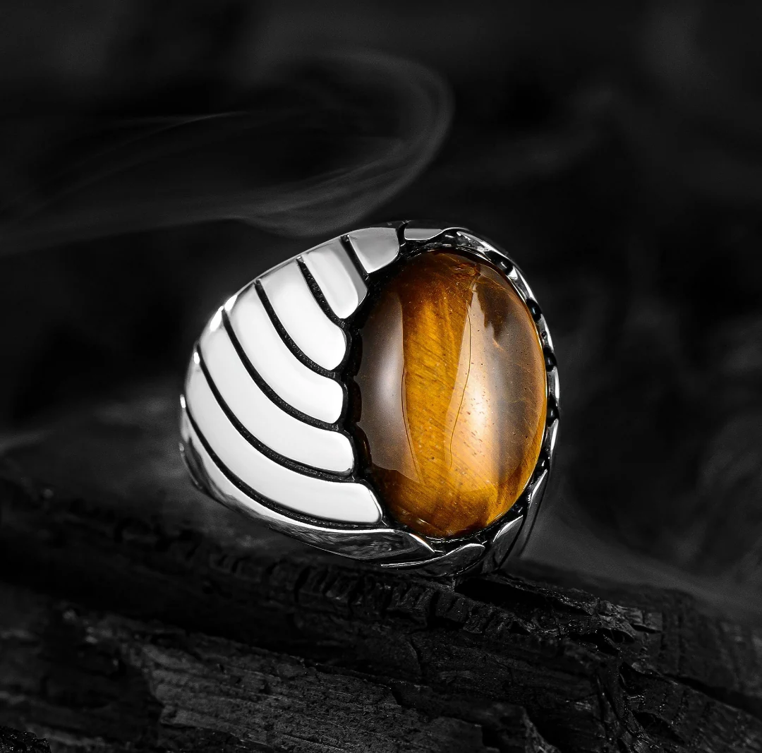 RARE PRINCE by CARAT SUTRA | Unique Designed Turkish Style Ring with Natural Tiger Eye | 925 Sterling Silver Oxidized Ring | Men's Jewelry | With Certificate of Authenticity and 925 Hallmark - Image 2