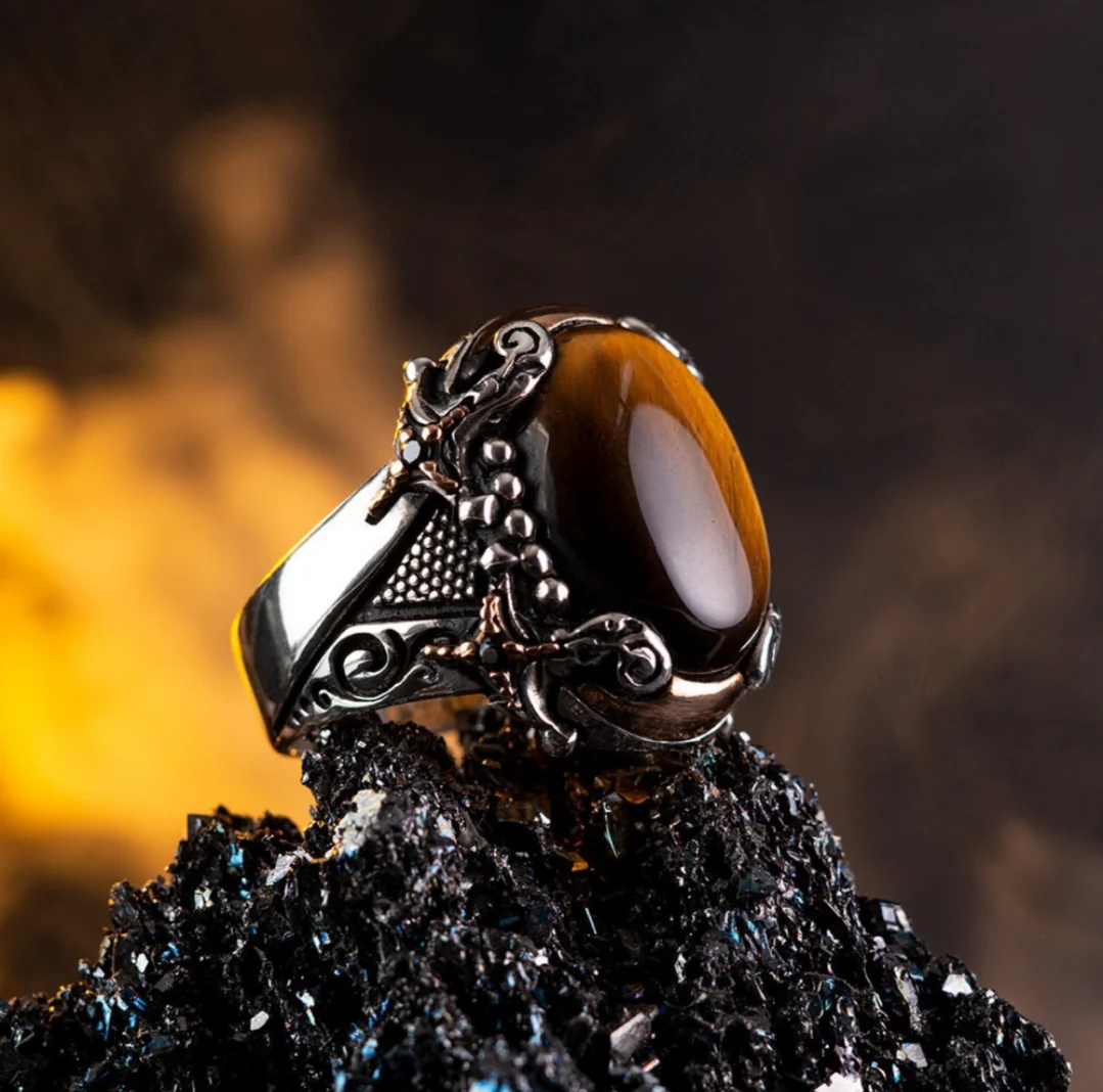 RARE PRINCE by CARAT SUTRA | Unique Designed Turkish Style Ring with Zulfiqar Sword and Natural Tiger Eye | 925 Sterling Silver Oxidized Ring | Men's Jewelry | With Certificate of Authenticity and 925 Hallmark