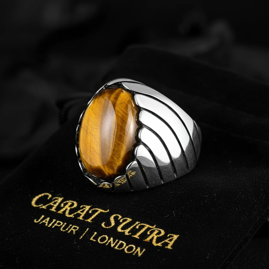 RARE PRINCE by CARAT SUTRA | Unique Designed Turkish Style Ring with Natural Tiger Eye | 925 Sterling Silver Oxidized Ring | Men's Jewelry | With Certificate of Authenticity and 925 Hallmark - Image 3