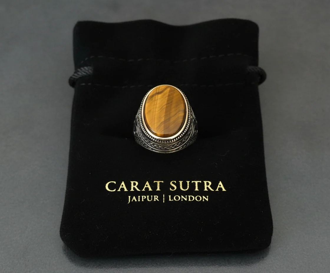 RARE PRINCE by CARAT SUTRA | Unique Designed Turkish Style Ring with Natural Tiger Eye | 925 Sterling Silver Oxidized Ring | Men's Jewelry | With Certificate of Authenticity and 925 Hallmark - Image 3