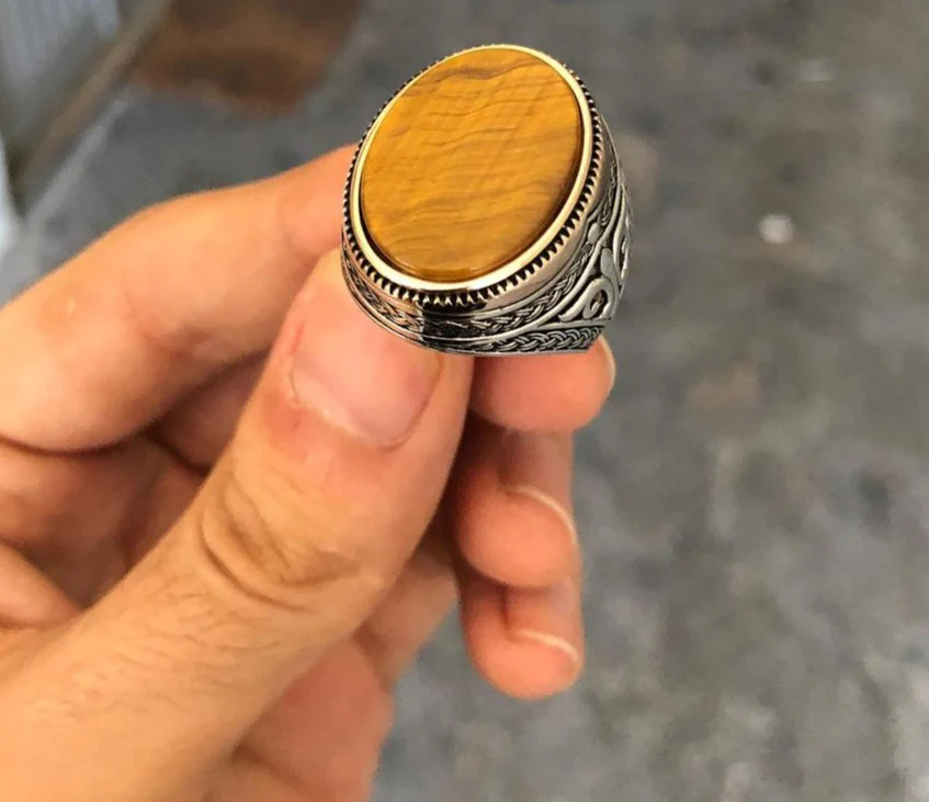 RARE PRINCE by CARAT SUTRA | Unique Designed Turkish Style Ring with Natural Tiger Eye | 925 Sterling Silver Oxidized Ring | Men's Jewelry | With Certificate of Authenticity and 925 Hallmark - Image 4