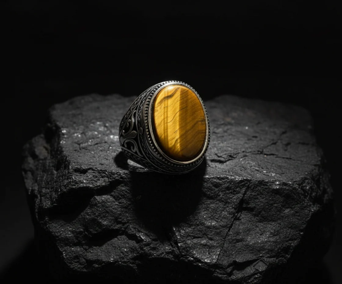 RARE PRINCE by CARAT SUTRA | Unique Designed Turkish Style Ring with Natural Tiger Eye | 925 Sterling Silver Oxidized Ring | Men's Jewelry | With Certificate of Authenticity and 925 Hallmark - Image 5